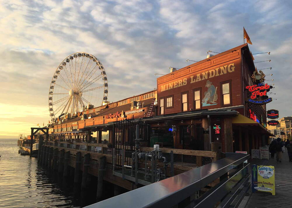 Waterfront pier restaurants beside the Seattle Great Wheel