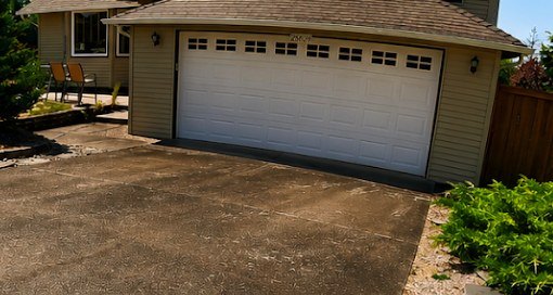 Concrete driveway darkened by grime and algae