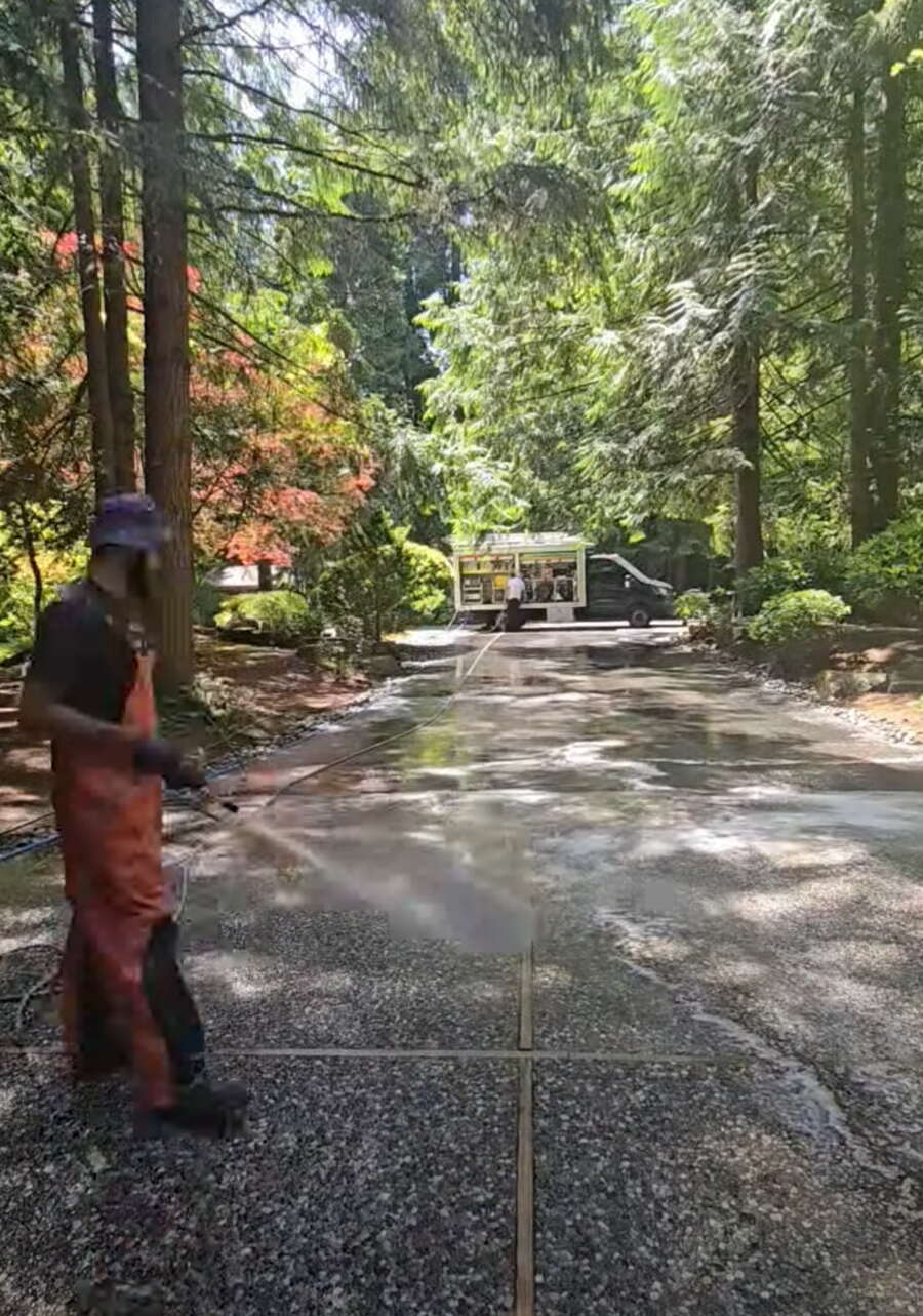 Deep Water technician pressure washing a long exposed aggregate driveway under tall evergreens