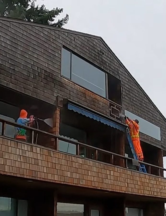 Two technicians washing a cedar-sided home