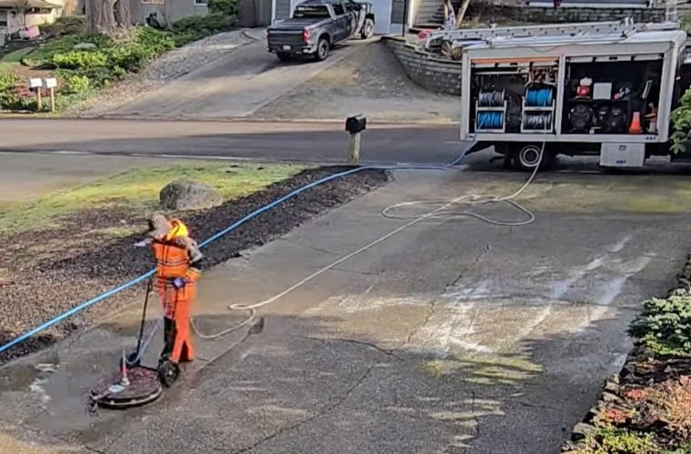 Technician cleaning a residential driveway with the Deep Water rig nearby