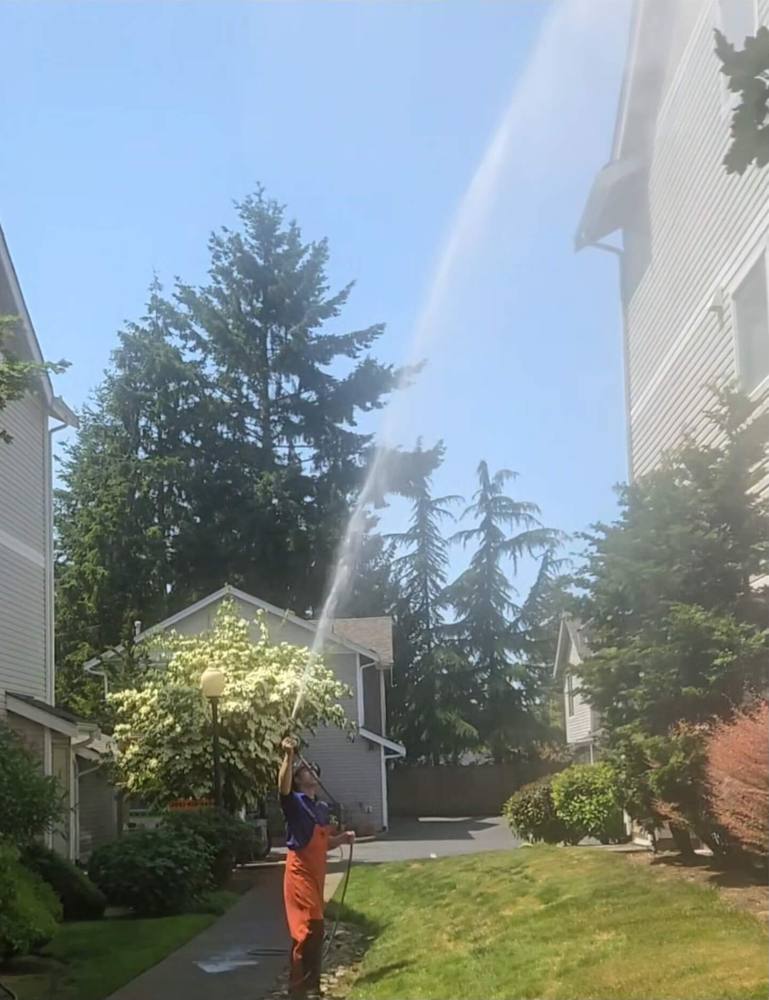 Deep Water technician soft washing the upper siding of a Queen Anne home